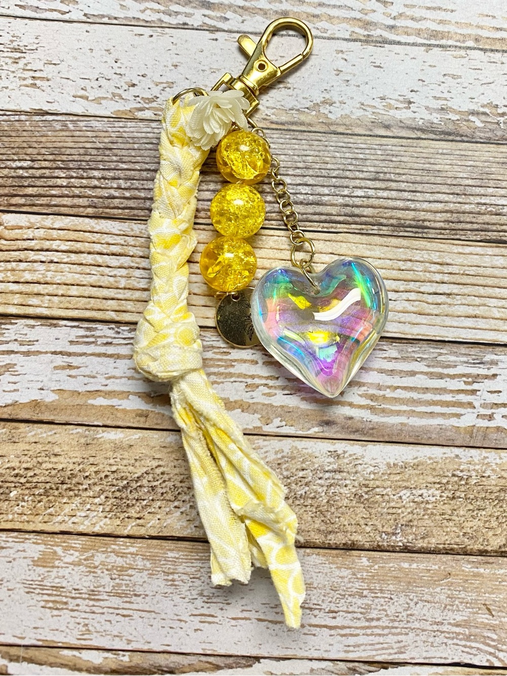 Yellow Braided Tassel Bag Charm with Puffy Heart Charm